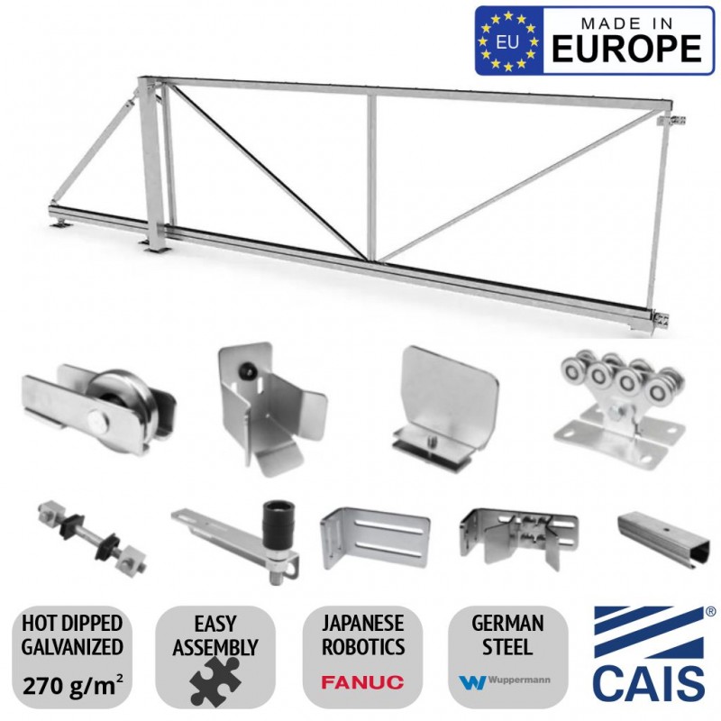
4m Cantilever Gate Frame and Cantilever Sliding Gate Hardware for Driveway Trackless Sliding/Rolling Gate System. Complete Trackless Sliding Gate Kit with 4m length, 1.5m high gate frame, and cantilever sliding gate hardware set. CAIS CONNECT 60 - 4.0/1.5 Made in Europe

