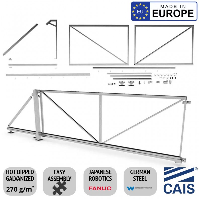 
4m Cantilever Gate Frame and Cantilever Sliding Gate Hardware for Driveway Trackless Sliding/Rolling Gate System. Complete Trackless Sliding Gate Kit with 4m length, 1.5m high gate frame, and cantilever sliding gate hardware set. CAIS CONNECT 60 - 4.0/1.5 Made in Europe
