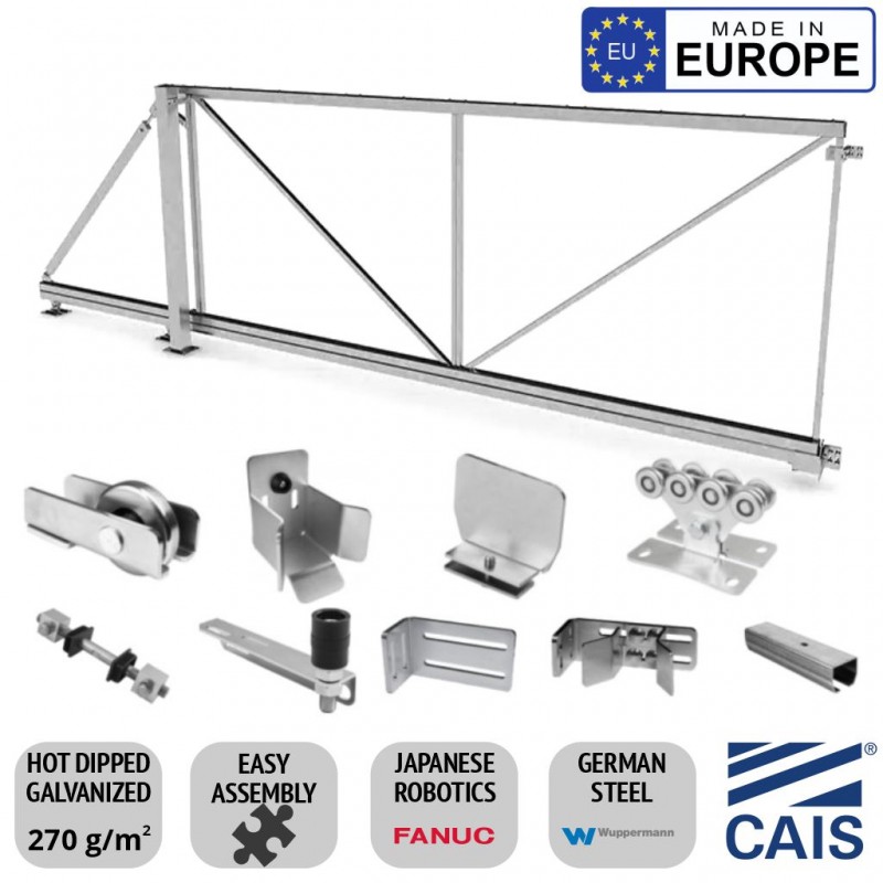 
4m Cantilever Gate Frame and Cantilever Sliding Gate Hardware for Driveway Trackless Sliding/Rolling Gate System. Complete Trackless Sliding Gate Kit with 4m length, 1.8m high gate frame, and cantilever sliding gate hardware set. CAIS CONNECT 60 - 4.0/1.8 Made in Europe
