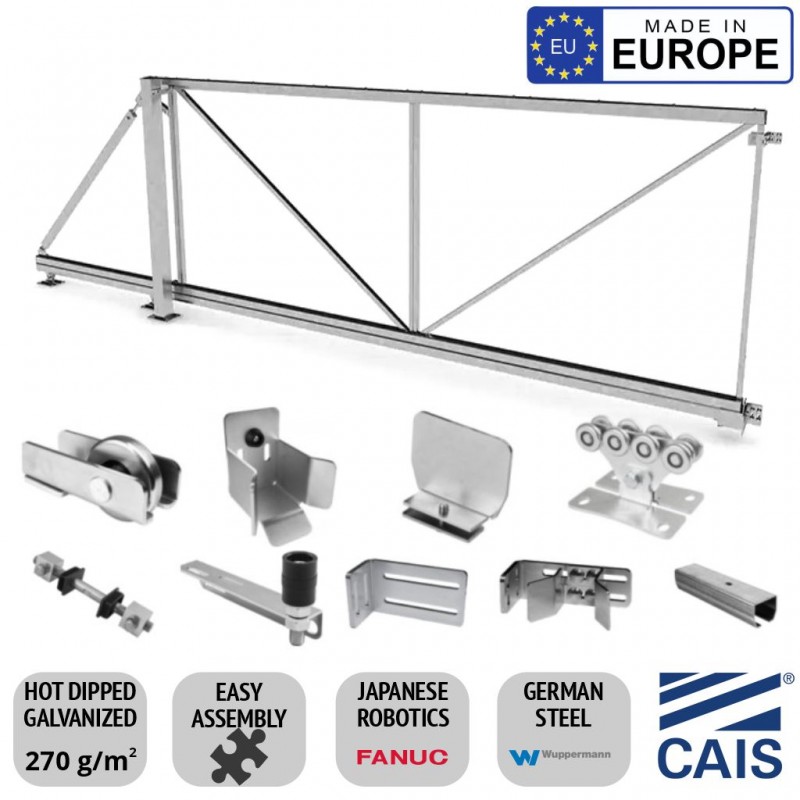 
4m Cantilever Gate Frame and Cantilever Sliding Gate Hardware for Driveway Trackless Sliding/Rolling Gate System. Complete Trackless Sliding Gate Kit with 4m length, 1.8m high gate frame, and cantilever sliding gate hardware set. CAIS CONNECT 60 - 4.0/1.8 Made in Europe
