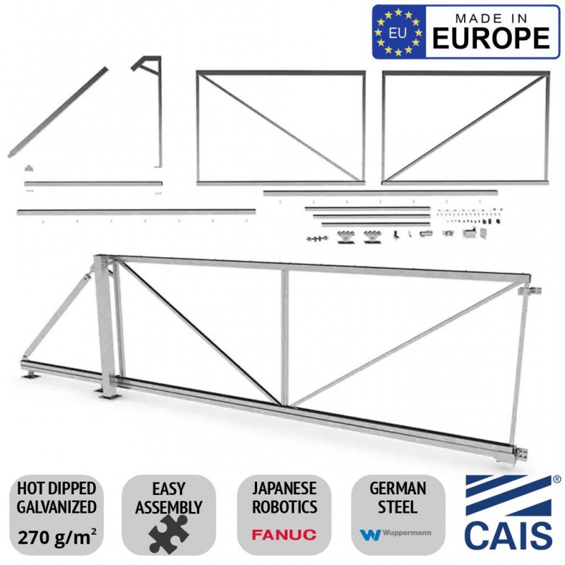 
4m Cantilever Gate Frame and Cantilever Sliding Gate Hardware for Driveway Trackless Sliding/Rolling Gate System. Complete Trackless Sliding Gate Kit with 4m length, 1.8m high gate frame, and cantilever sliding gate hardware set. CAIS CONNECT 60 - 4.0/1.8 Made in Europe
