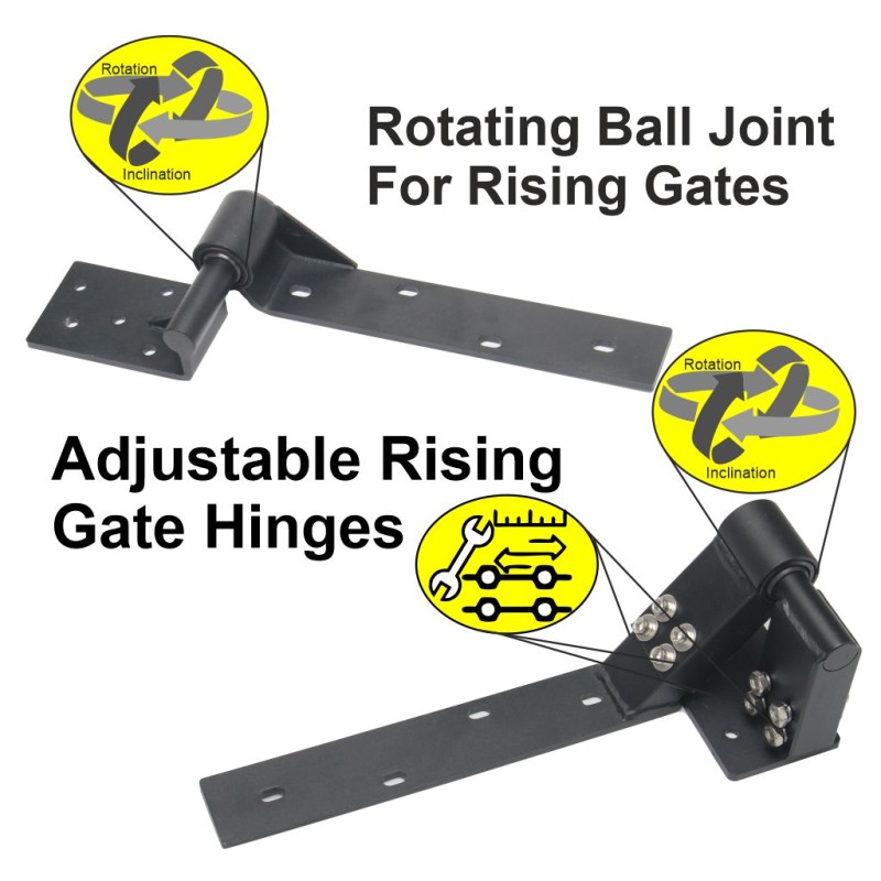 Adjustable Rising Gate Hinges on the Right Side Heavy Duty with Support Bracing. Satin Black Powder-Coated Heavy Duty Adjustable Rising Gate Hinges |  Lifting or Uphill Rising Hinges for Swing Driveway Gates