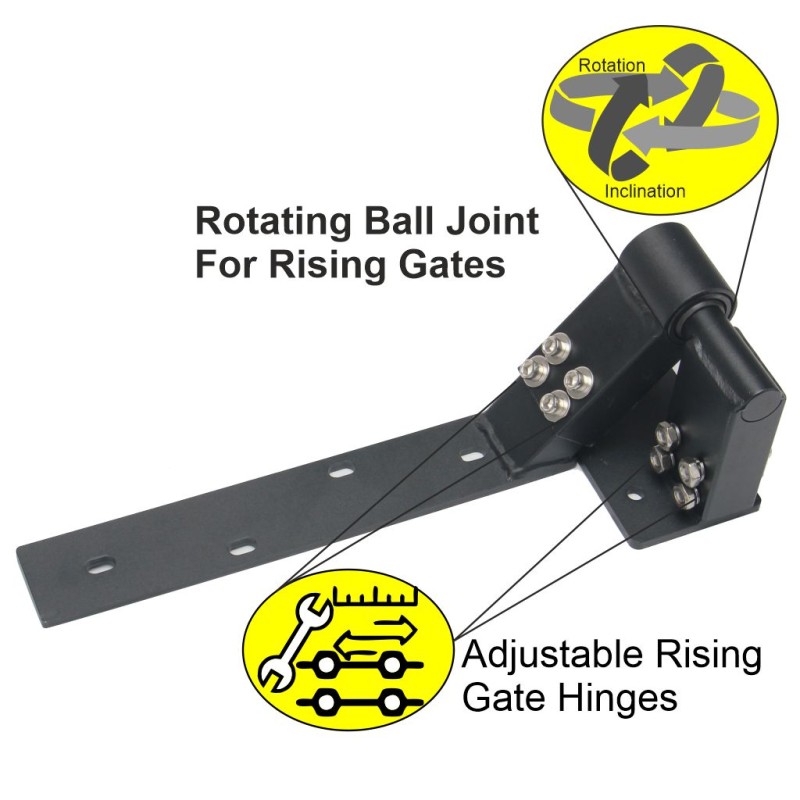 Adjustable Rising Gate Hinges on the Right Side Heavy Duty with Support Bracing. Satin Black Powder-Coated Heavy Duty Adjustable Rising Gate Hinges |  Lifting or Uphill Rising Hinges for Swing Driveway Gates