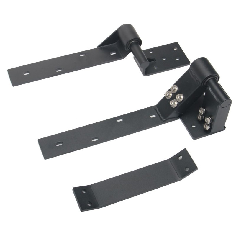 Adjustable Rising Gate Hinges on the Left and Right Side Heavy Duty with Support Bracing. Satin Black Powder-Coated Heavy Duty Adjustable Rising Gate Hinges |  Lifting or Uphill Rising Hinges for Double Swing Driveway Gates