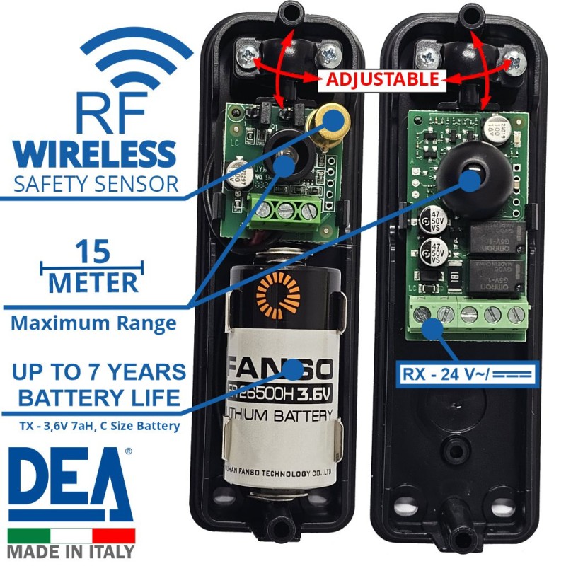 DEA LINEAR/B Photocell Wireless PE Safety Sensor up to 15m Range | Pair of adjustable photocells (210° Adjustable Rotating Optics) for Automatic Gate Opener System. Garage/Gate Safety Sensor LINEAR/B Safety Beam, Infrared Technology Wireless Gate Safety Sensor, Motion Detector, Wireless PE Gate Safety Beams