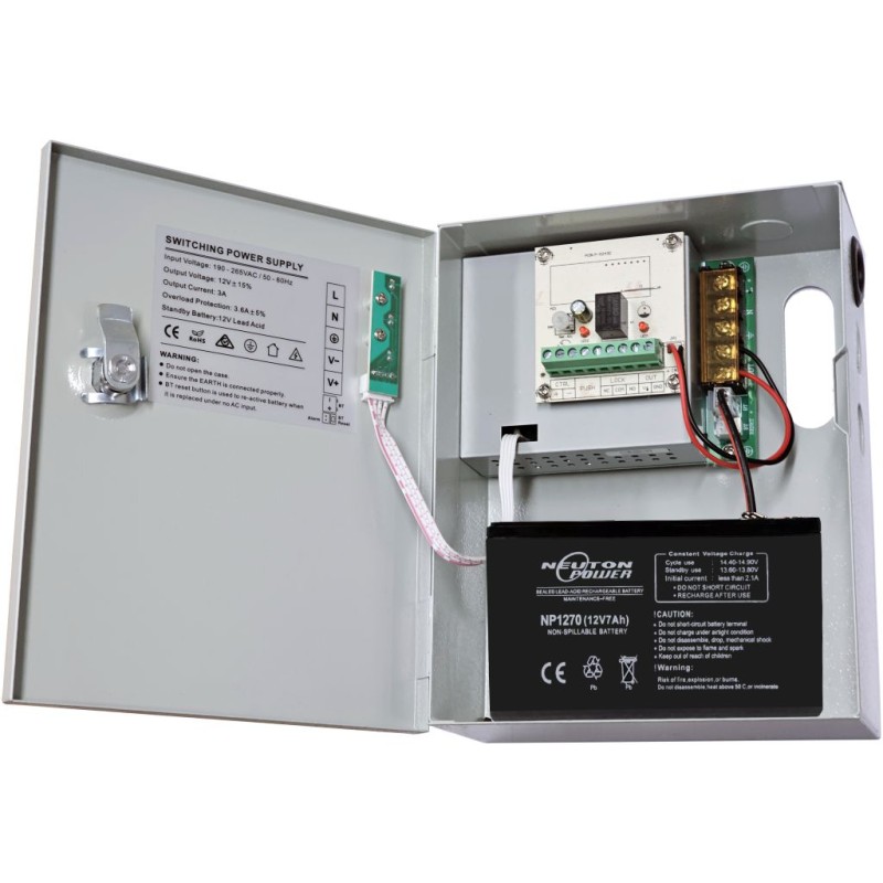 Lock and Access Control Power Supply (12V 3A DC) With Battery Backup in Metal Box Cabinet. (indoor use only)