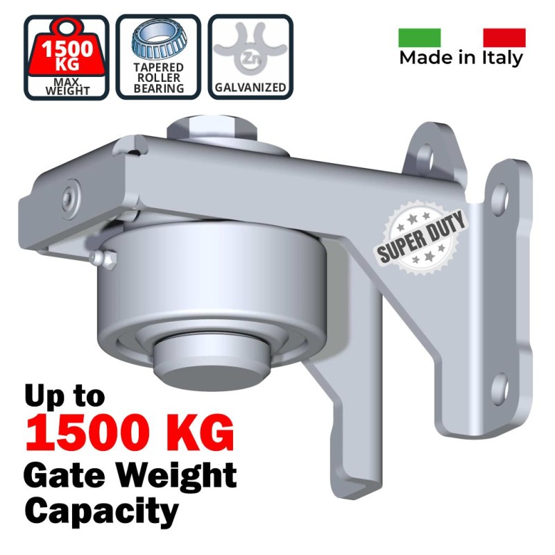 Italian-Made Ultra-Robust 1500 kg Commercial Grade Pivot Hinges with Tapered Roller Bearing and 5-hole Bracket to Fix. Suitable for Heavy Steel Swing Gates. Italian Made (FAC) Super Heavy-Duty Galvanised Pivot Hinges with Tapered Roller Bearing
