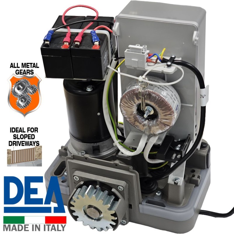 Extra Heavy Duty 900kg Sliding Gate Opener Kit | Italian Made by DEA. Automatic Gate Opener System with All-Metal Gear Strong Sliding Gate Automation Motor and Magnetic Limits. Suitable sliding gate on sloped driveways.