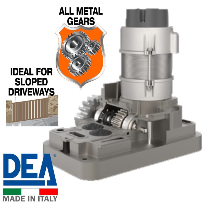 Extra Heavy Duty 900kg Sliding Gate Opener Kit | Italian Made by DEA. Automatic Gate Opener System with All-Metal Gear Strong Sliding Gate Automation Motor and Magnetic Limits. Suitable sliding gate on sloped driveways.
