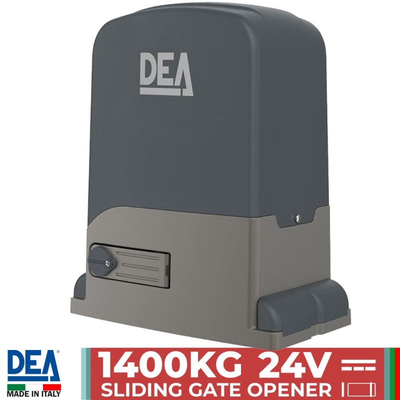 Super Duty 1400kg Sliding Gate Opener Kit | Italian Made by DEA. Automatic Gate Opener System with All-Metal Gear, Strong Sliding Gate Automation Motor, and Magnetic Limits. This strong automatic sliding gate opener system is ideal for sloped driveways.