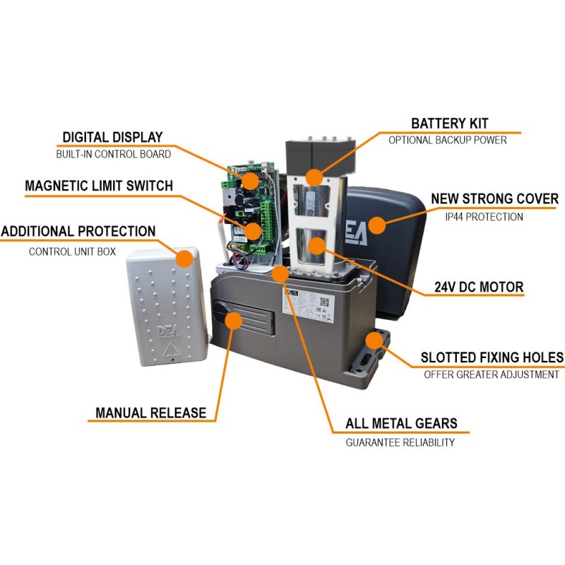 Super Duty 1400kg Sliding Gate Opener Kit | Italian Made by DEA. Automatic Gate Opener System with All-Metal Gear, Strong Sliding Gate Automation Motor, and Magnetic Limits. This strong automatic sliding gate opener system is ideal for sloped driveways.