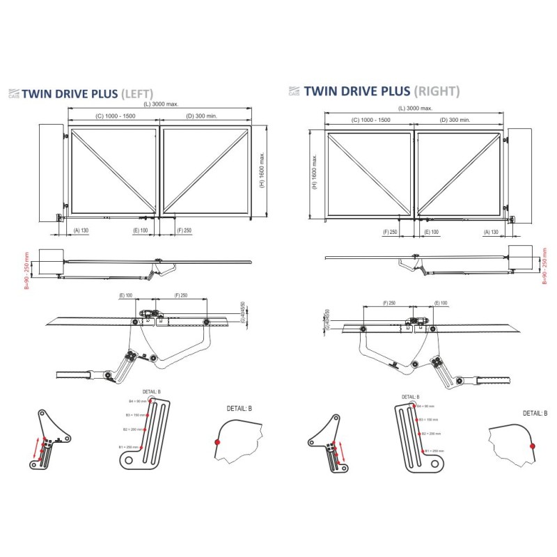 Bi-Fold Plus Double Swing Gate Hardware (Hinges Included) for Driveways | Perfectly designed for brick pillars and big posts (deep columns), the bi-fold twin drive plus double swing gate hardware solution maximises flexible installation with an opening capacity of up to 110 degrees, and features a highly adjustable design. | Folding Double Swing Gates Hardware Space-Saving Feature, All-in-one Box (TWIN DRIVE PLUS) Made in Europe by CAIS. | Gates are not included.