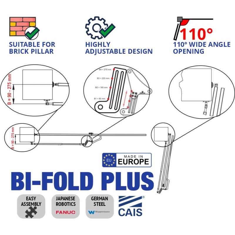 Bi-Fold Plus Double Swing Gate Hardware (Hinges Included) for Driveways | Perfectly designed for brick pillars and big posts (deep columns), the bi-fold twin drive plus double swing gate hardware solution maximises flexible installation with an opening capacity of up to 110 degrees, and features a highly adjustable design. | Folding Double Swing Gates Hardware Space-Saving Feature, All-in-one Box (TWIN DRIVE PLUS) Made in Europe by CAIS. | Gates are not included.