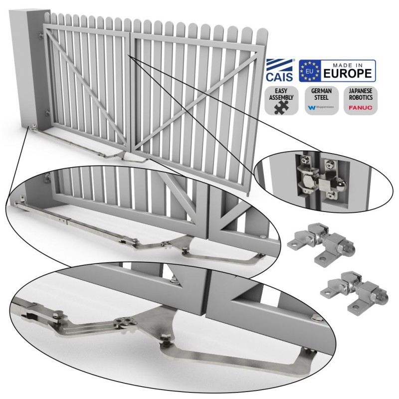 Bi-Fold Plus Double Swing Gate Hardware (Hinges Included) for Driveways | Perfectly designed for brick pillars and big posts (deep columns), the bi-fold twin drive plus double swing gate hardware solution maximises flexible installation with an opening capacity of up to 110 degrees, and features a highly adjustable design. | Folding Double Swing Gates Hardware Space-Saving Feature, All-in-one Box (TWIN DRIVE PLUS) Made in Europe by CAIS. | Gates are not included.
