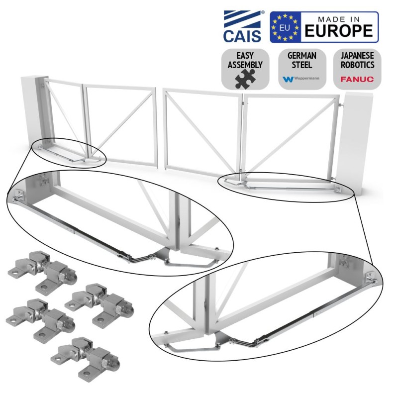 Bi-Fold Plus Double Swing Gate Hardware (Hinges Included) for Driveways | Perfectly designed for brick pillars and big posts (deep columns), the bi-fold twin drive plus double swing gate hardware solution maximises flexible installation with an opening capacity of up to 110 degrees, and features a highly adjustable design. | Folding Double Swing Gates Hardware Space-Saving Feature, All-in-one Box (TWIN DRIVE PLUS) Made in Europe by CAIS. | Gates are not included.