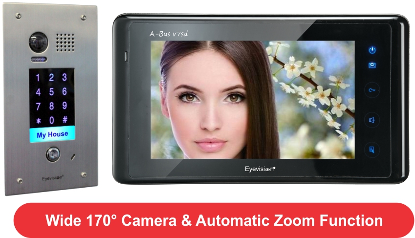 A-Bus Black 7inches Digital Video Intercom System with Recess Mount Weather Proof Keypad Door Station - with 170 Wide Fish Eye Camera