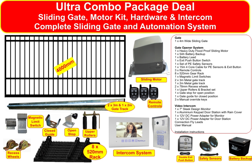 Complete Sliding Gate and Sliding Gate Opener Automation System and Hybrid Video Intercom System Package