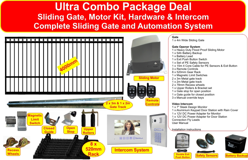 Complete Sliding Gate and Sliding Gate Opener Automation System and Hybrid Video Intercom System Package