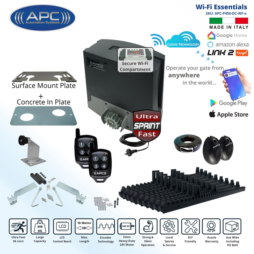 Electric Gate Automation Wi-Fi Kit with APC Proteous 450 Sprint, AC to 24V DC ULTRA Fast Sliding Gate Opener, Extra Heavy Duty Italian Made Gate Automation with Encoder System