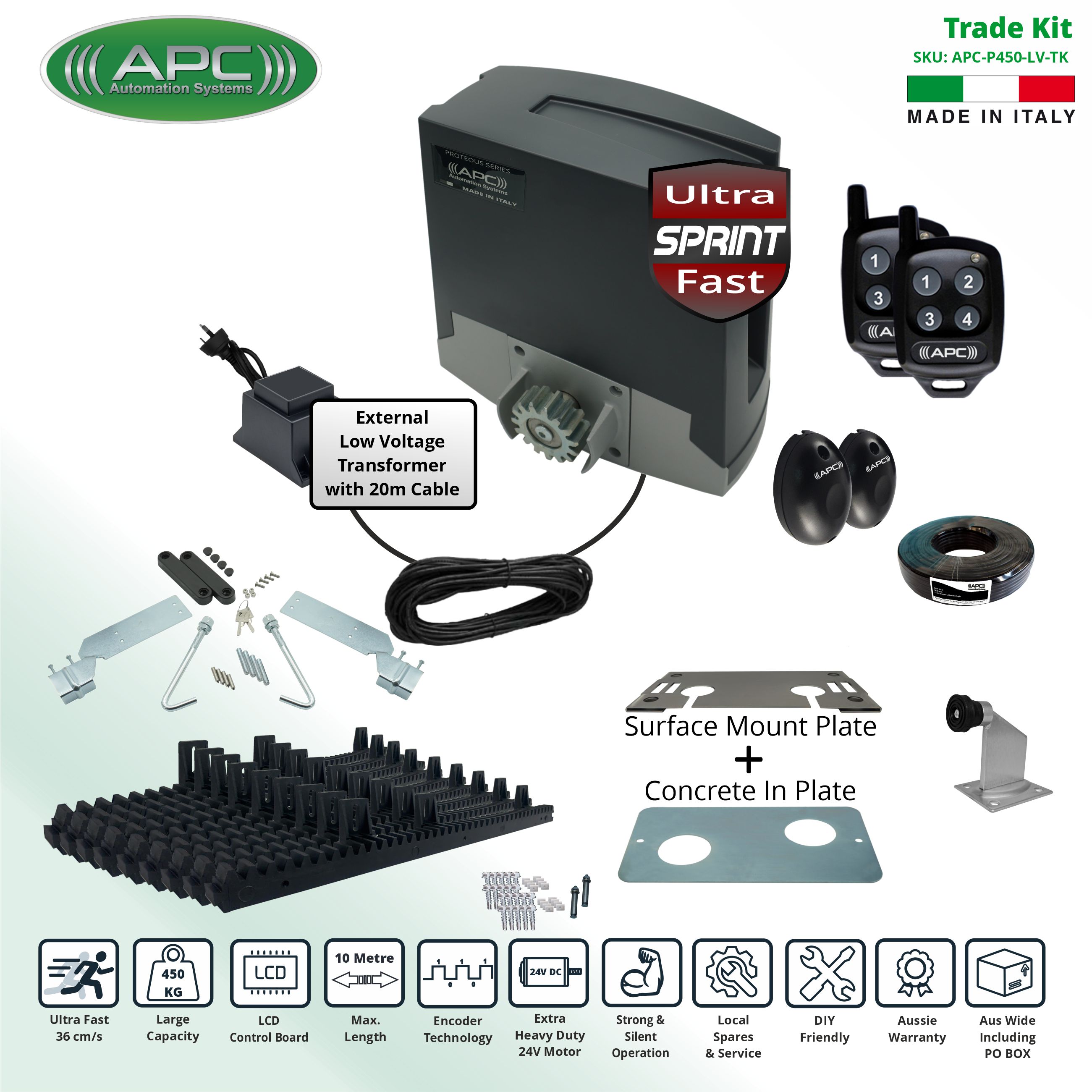 APC Electric Gate Automation Proteous 450 Sprint, Sliding Gate Opener Kit Extra Low Voltage 24V DC, ULTRA Fast, Extra Heavy Duty Gate Automation with Encoder System