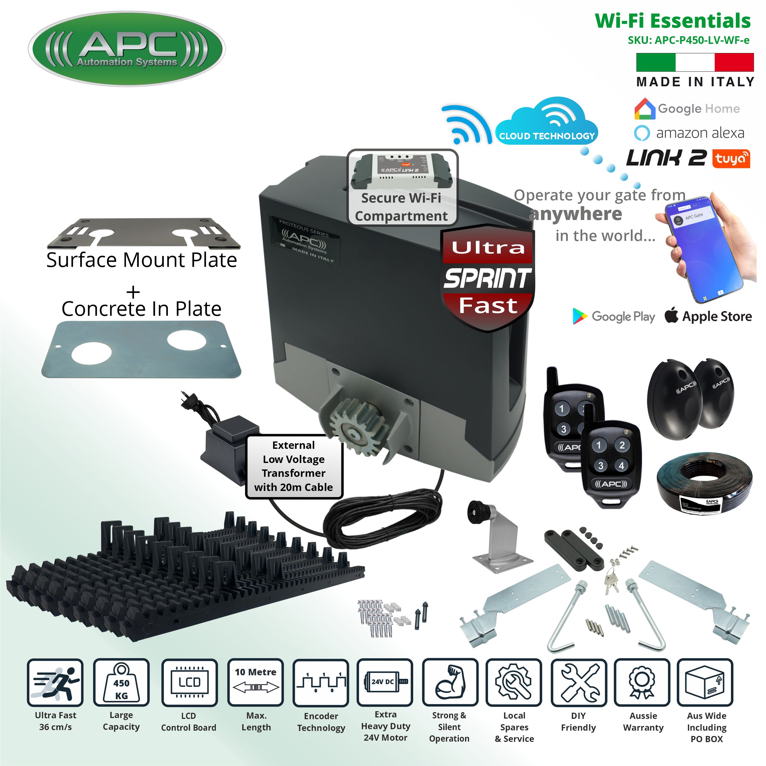Extra Low Voltage 24V DC Electric Gate Automation, Sliding Gate Opener Wi-Fi Kit, APC Proteous 450 Sprint ULTRA Fast Extra Heavy Duty Automatic Sliding Gate with Encoder System