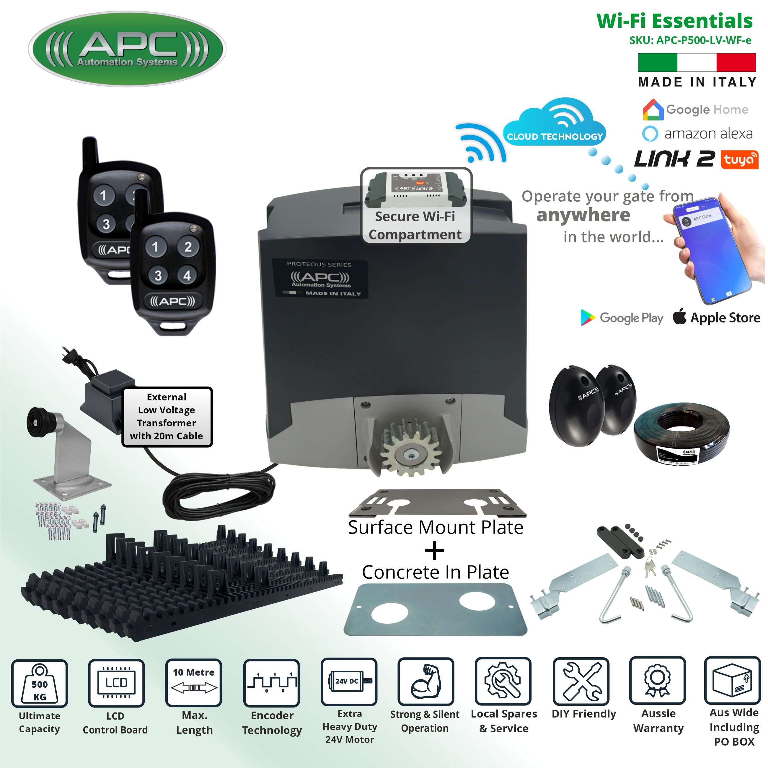 Extra Low Voltage 24V DC Electric Gate APC Proteous 500 FEATURE RICH Extra Heavy Duty Automatic Sliding Gate Opener Wi-Fi Kit with Encoder System