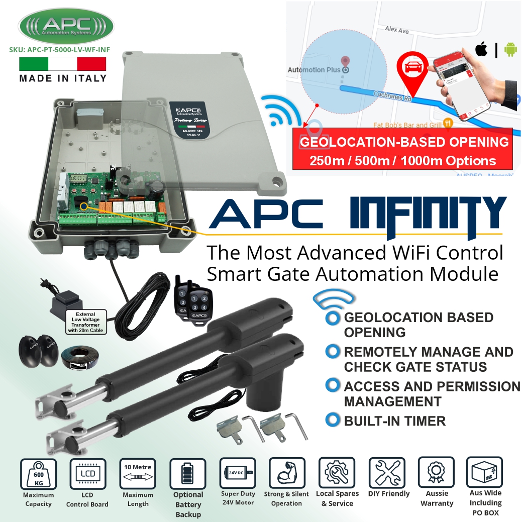 Double Swing Gates Automation, APC Proteous PT-9000 Automatic Electric Gate Opener System with APC Infinity WiFi Control Smart Gate Automation Module. Double Swing Electric Gate Opener With Low Voltage External Transformer.