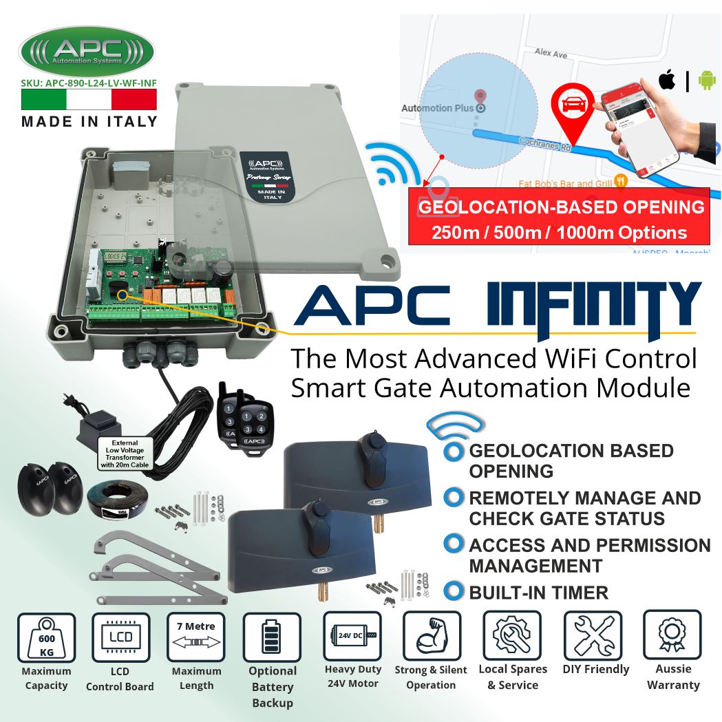 WIFI Gate Automation Kit with Italian Made Logico 24 Control Unit and APC Infinity WiFi Control Smart Gate Automation Module. Double Electric Gate Opener Kit