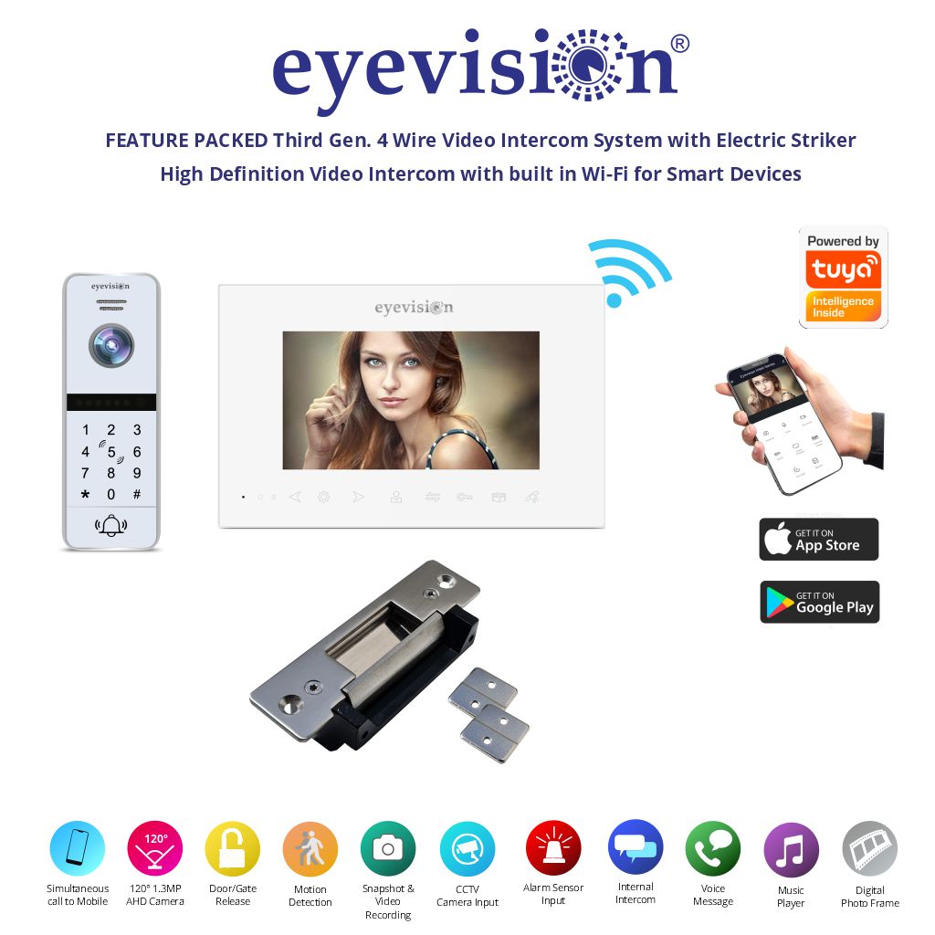 Eyevision® Intelli Series WiFi Video Intercom Systems (Free Smartphone APP) Easy Wired Installation with White Doorbell Camera Keypad Station, 7" Monitor & Swipe Tags, and Stainless Steel Electric Gate and Door Striker