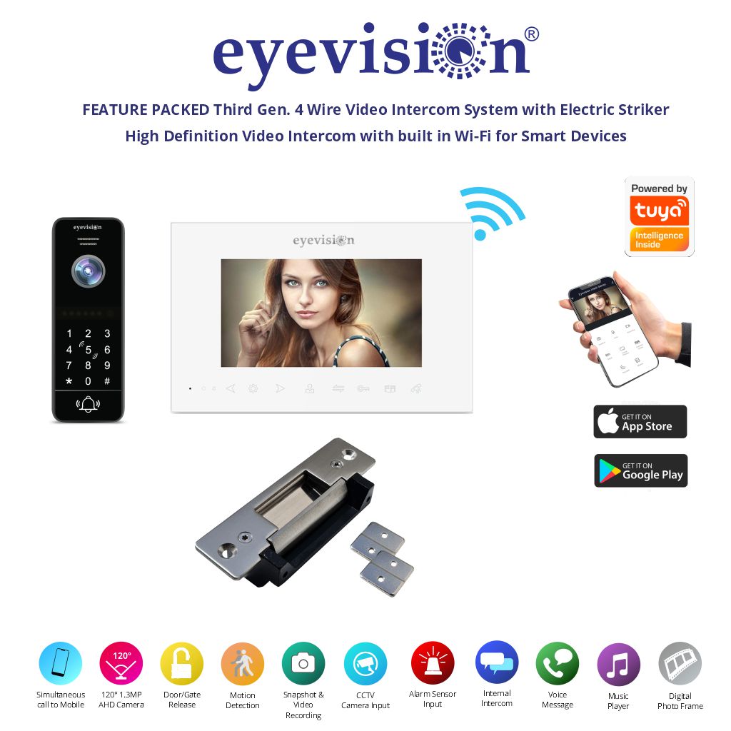 Eyevision® Intelli Series WiFi Video Intercom Systems (Free Smartphone APP) Easy Wired Installation with Black Doorbell Camera Keypad Station, 7" Monitor & Swipe Tags, and Stainless Steel Electric Gate and Door Striker