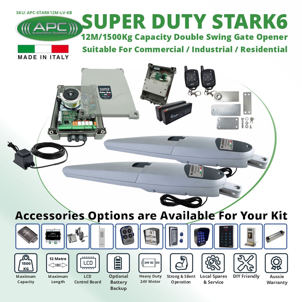 Super Duty STARK12 Italian Made Double Gate Automation Kit. 12M/1500Kg Capacity Double Driveway Gate Opener
