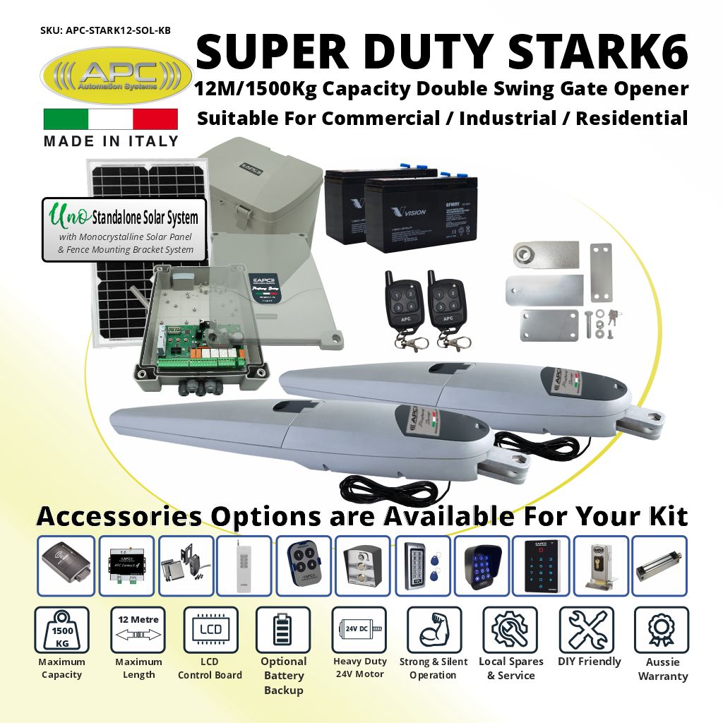 Build Your Own Italian Made Super Duty STARK 12 Double Swing Solar Powered Gate Automation Kit. 12M/1500Kg Capacity Gate Opener Suitable For Commercial, Industrial, Residential Use