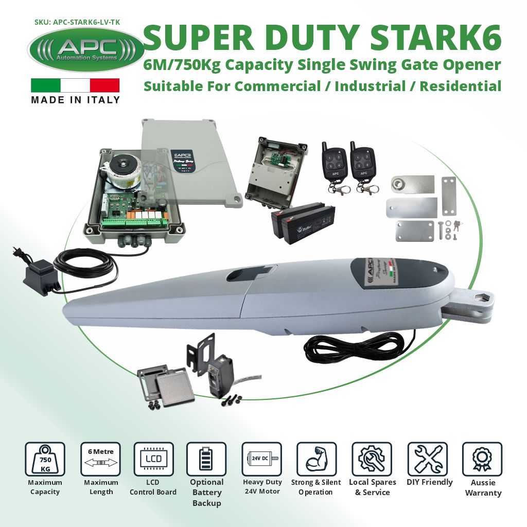Italian Made Super Duty STARK6 Single Swing Gate Automation Trade Kit. 6M/750Kg Capacity Gate Opener Suitable For Commercial, Industrial, and Residential Use