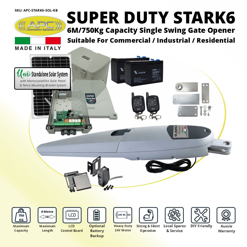 Italian Made Super Duty STARK 6 Single Swing Solar Powered Gate Automation Trade Kit. 6M/750Kg Capacity Gate Opener Suitable For Commercial, Industrial, and Residential Use