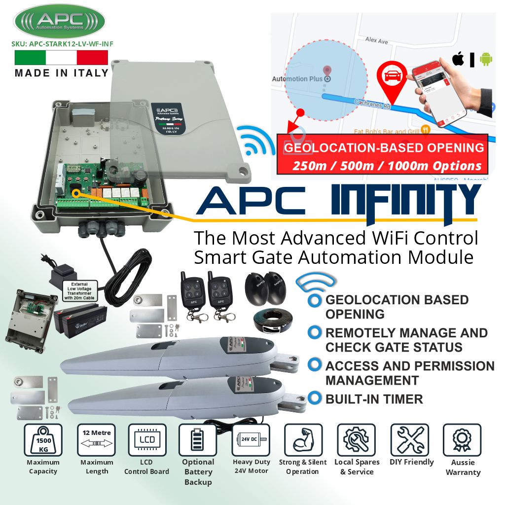 The Most Advanced Smart Gate Automation Kit with Super Duty Italian Made STARK12 Double Gate Electric Motor and Smart Gate Opener Control Wi-Fi Module APC Infinity.