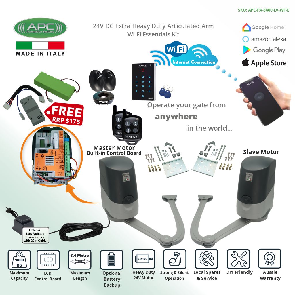 Double Swing Gate Automation Kit, APC Proteous PA-8400 Heavy Duty Swing Gate Opener WiFi Kit