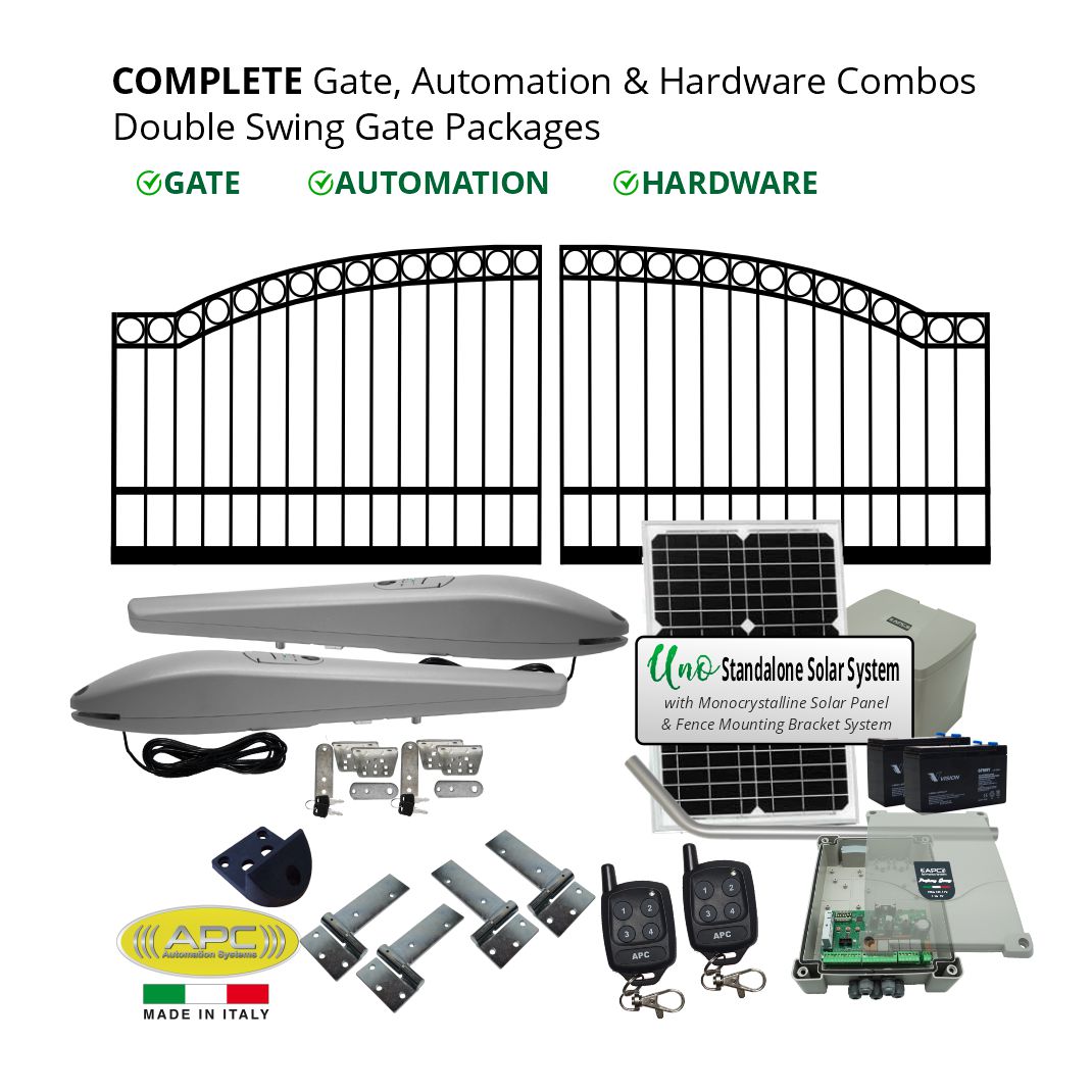 Complete Gate, Solar Powered Gate Automation & Hardware Combos with Italian Made Gate Opener. Solar Double Swing Gate Packages