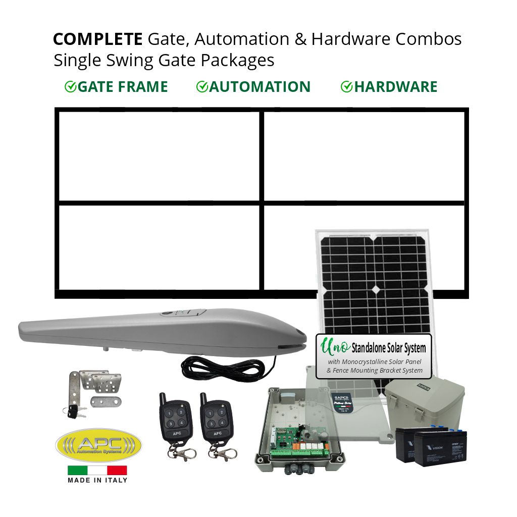 Complete Gate, Solar Powered Gate Automation & Hardware Combos with Italian Made Gate Opener. Solar Single Swing Gate Packages