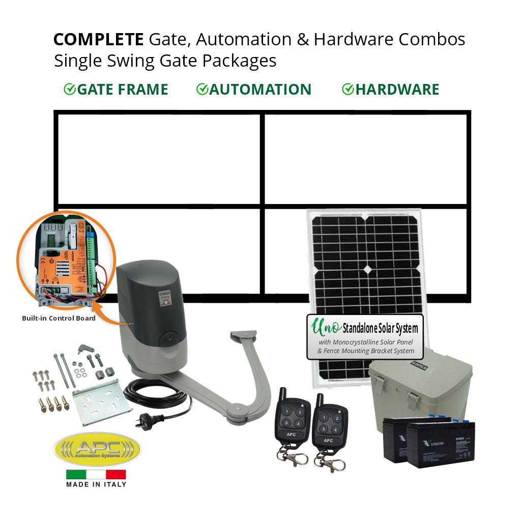 Complete Gate, Solar Powered Gate Automation & Hardware Combos with Italian Made Gate Opener. Solar Single Swing Gate Packages