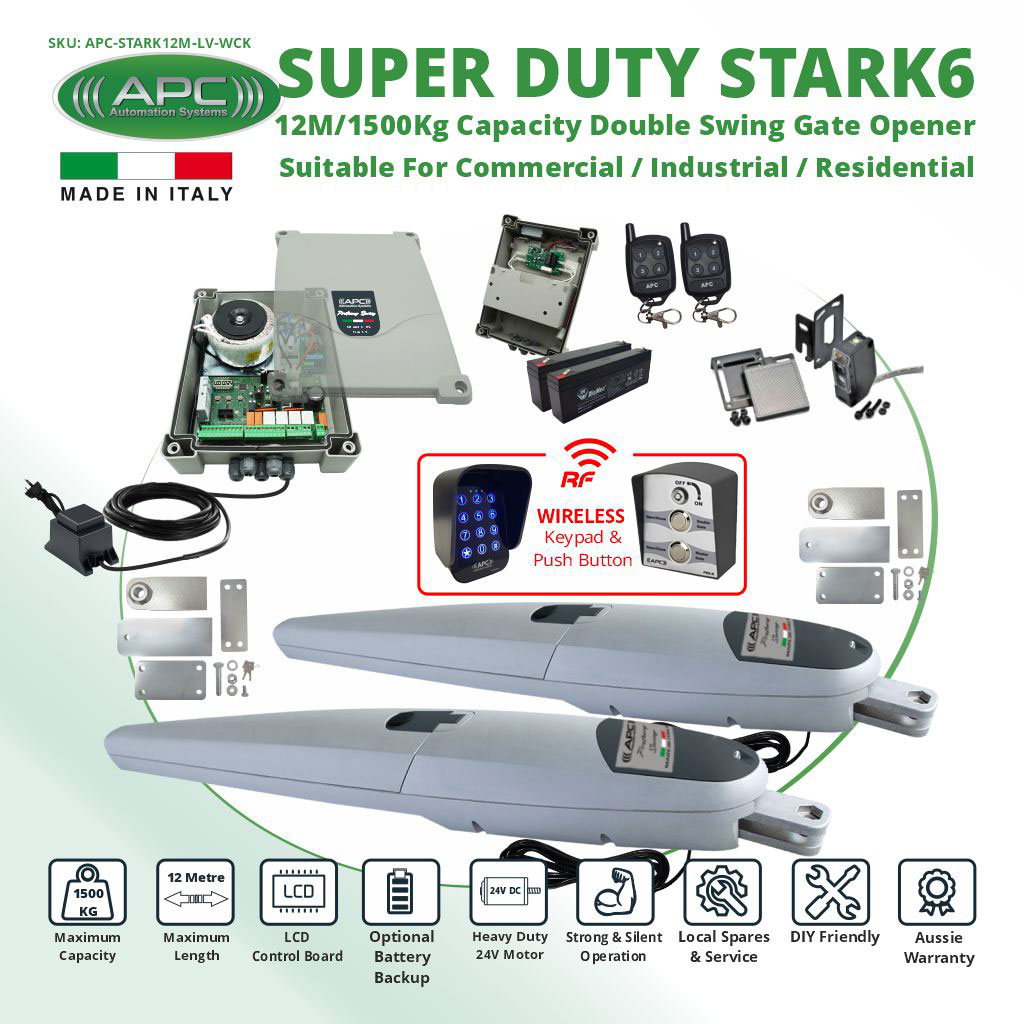 Italian Made Super Duty STARK12 Double Swing Gate Automation Wireless Controller Kit. 12M/1500Kg Capacity Gate Opener Suitable For Commercial, Industrial, and Residential Use