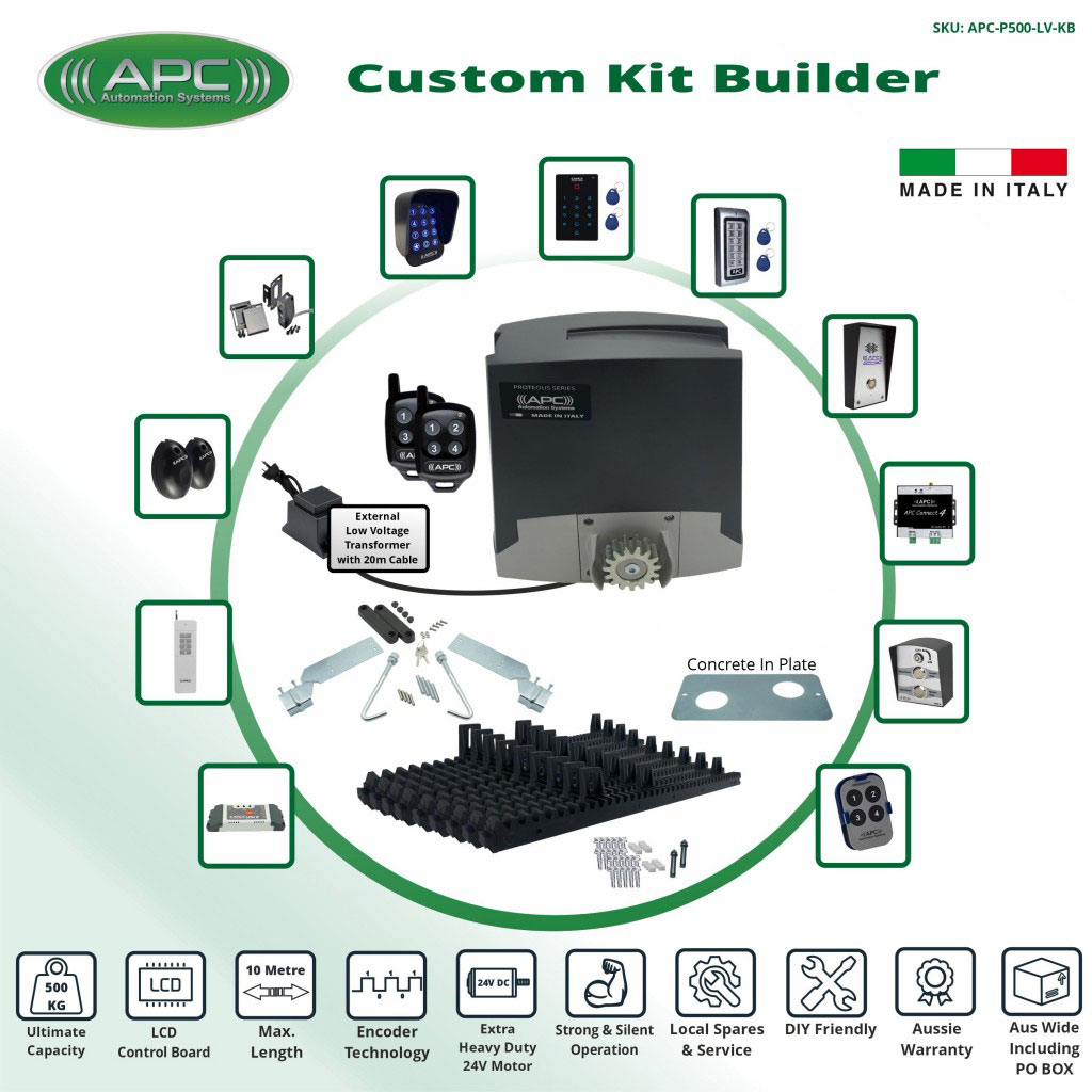 Build Your Own Electric Gate Kit with APC Proteous 500 FEATURE RICH Extra Low Voltage 24V DC Extra Heavy Duty FEATURE RICH Sliding Gate Kit with Encoder System