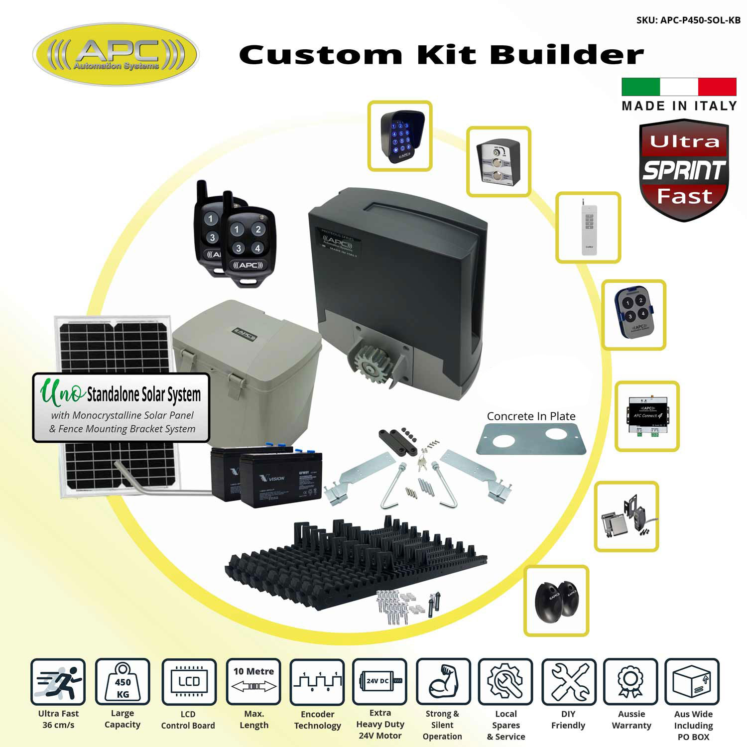 Build Your Own Solar Electric Sliding Gate Opener Kit with APC Proteous 450 Sprint ULTRA FAST Italian Made 24V DC Extra Heavy Duty Standalone Solar Sliding Gate Automation with Encoder System