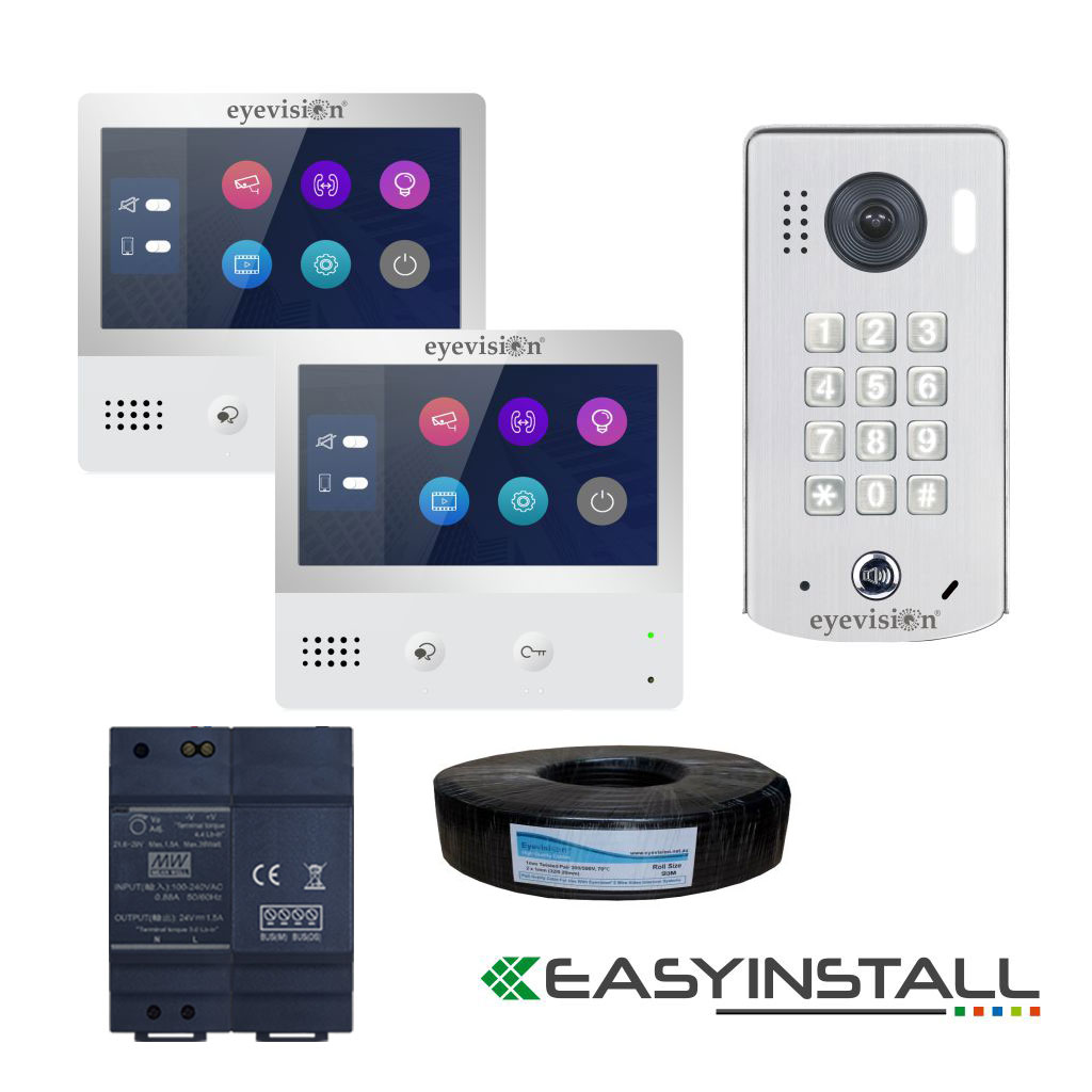 Eyevision® EasyInstall Two-Wire Video Intercom With Two Touch Screen Monitor and Surface Mount 2MP, 170° Super Wide Angle Video Intercom Doorbell