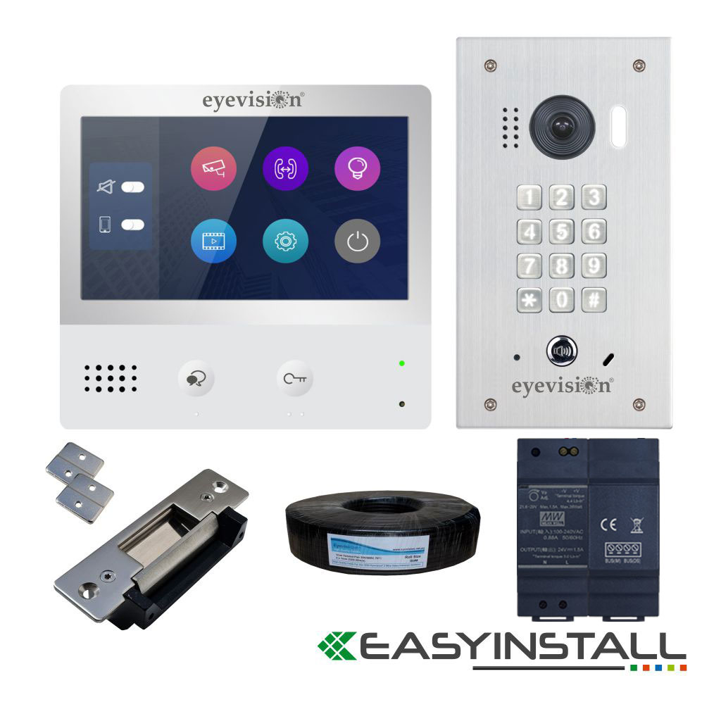 Eyevision® EasyInstall Two-Wire Doorbell Video Intercom with Electric Striker System. Two Wire 7 Inch Touch Screen Intercom Monitor, Flush Mount Video Intercom Outdoor Station Keypad Doorbell with 2.0 Mega Pixel, 170° Super Wide Angle Video Camera, and St