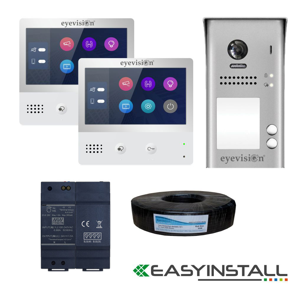 Eyevision® EasyInstall Two-Wire Video Intercom System with 2 Intercom Touch Screen Monitors and 2 Call Buttons Door Station 105° Wide Angle Outdoor Video Camera Doorbell for 2 Unit