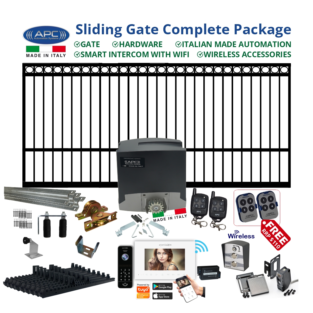 4.5m Ring Top Steel Gate + Sliding Gate Hardware + Italian Made Gate Automation + Wireless Accessories + Smart WiFi Video Intercom