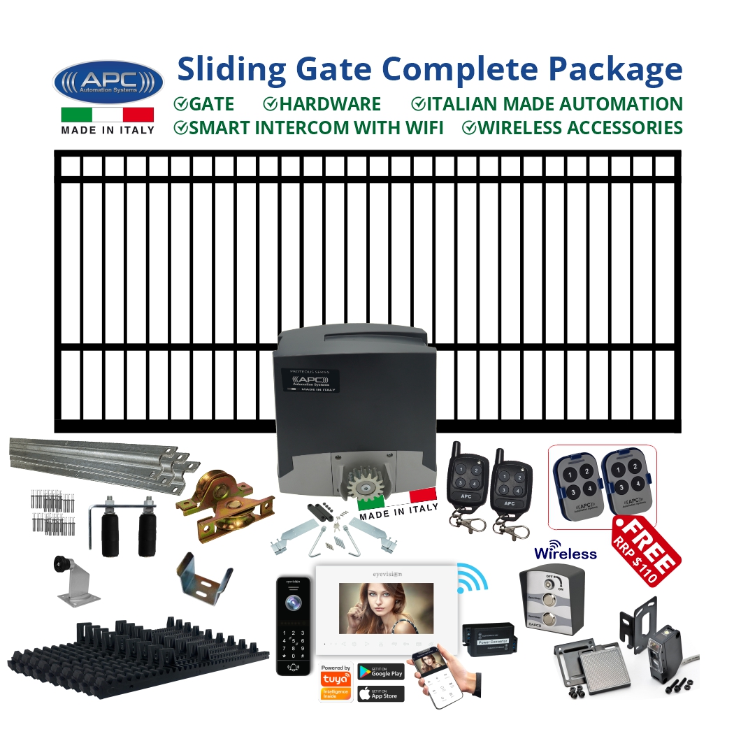 5m Square Top Steel Gate + Sliding Gate Hardware + Italian Made Gate Automation + Wireless Accessories + Smart WiFi Video Intercom