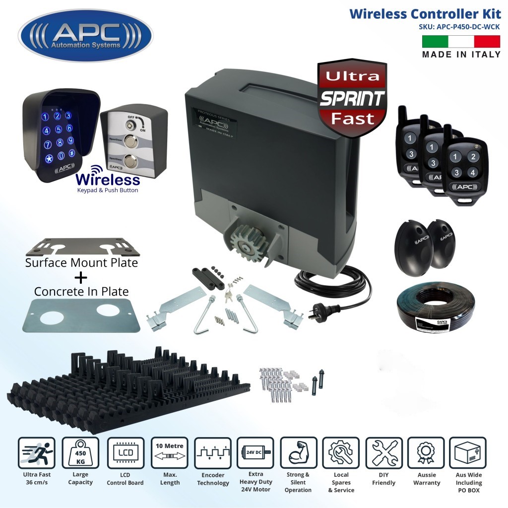 Electric Gate Automation APC Proteous 450 Sprint, Sliding Gate Opener Wireless Controller Kit - Italian Made 24V DC Extra Heavy ULTRA FAST Sliding Gate Automation with Encoder System