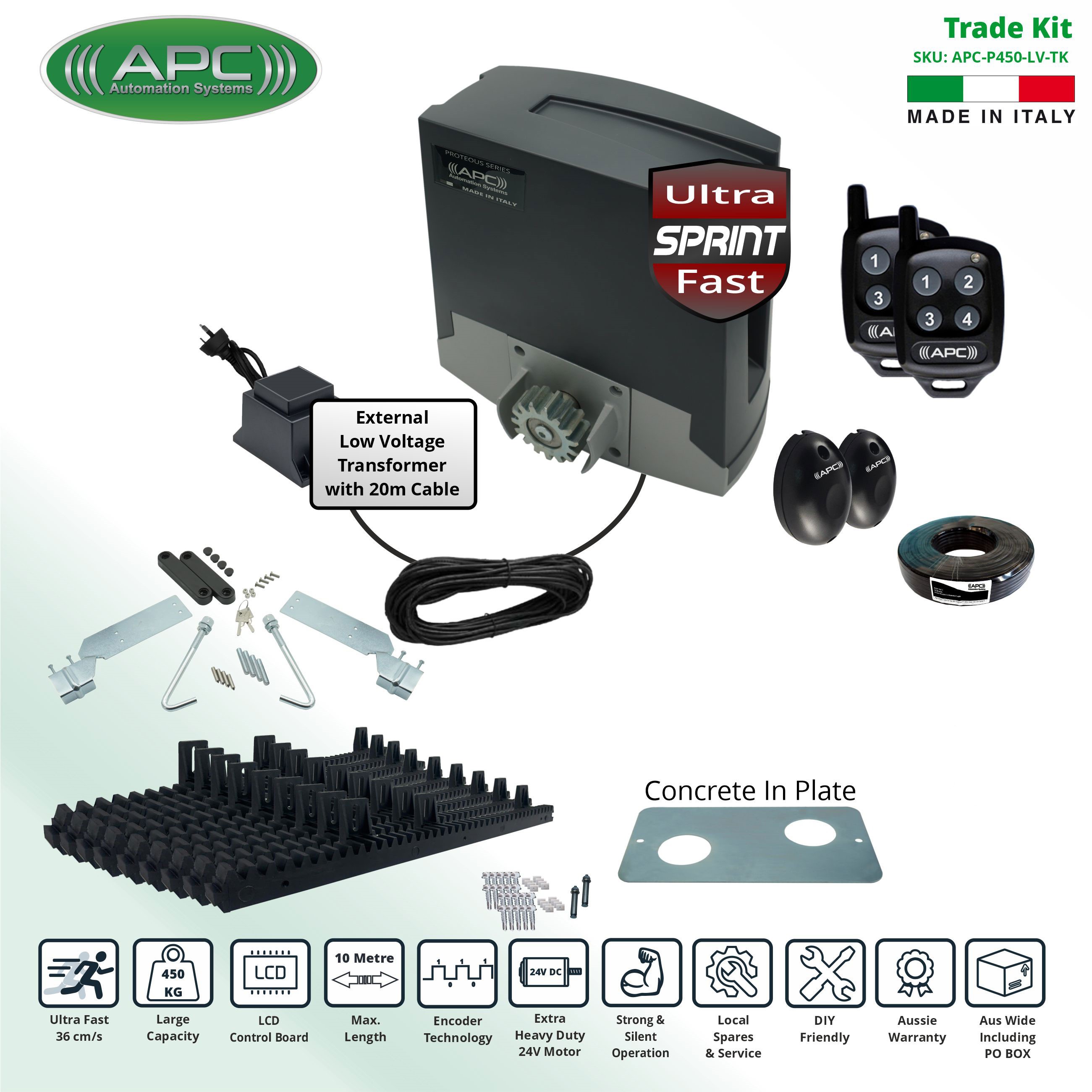 APC Electric Gate Automation Proteous 450 Sprint, Sliding Gate Opener Kit Extra Low Voltage 24V DC, ULTRA Fast, Extra Heavy Duty Gate Automation with Encoder System