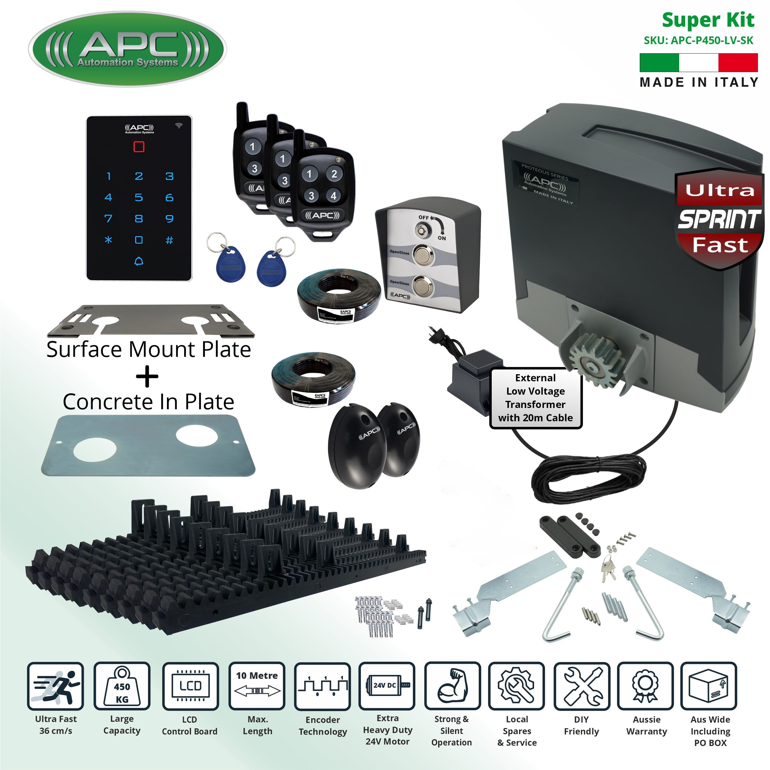 APC Proteous 450 Sprint Electric Gate Automation Super Kit, Low Voltage 24V DC Sliding Gate Opener, ULTRA Fast, Extra Heavy Duty Automatic Sliding Gate with Encoder System